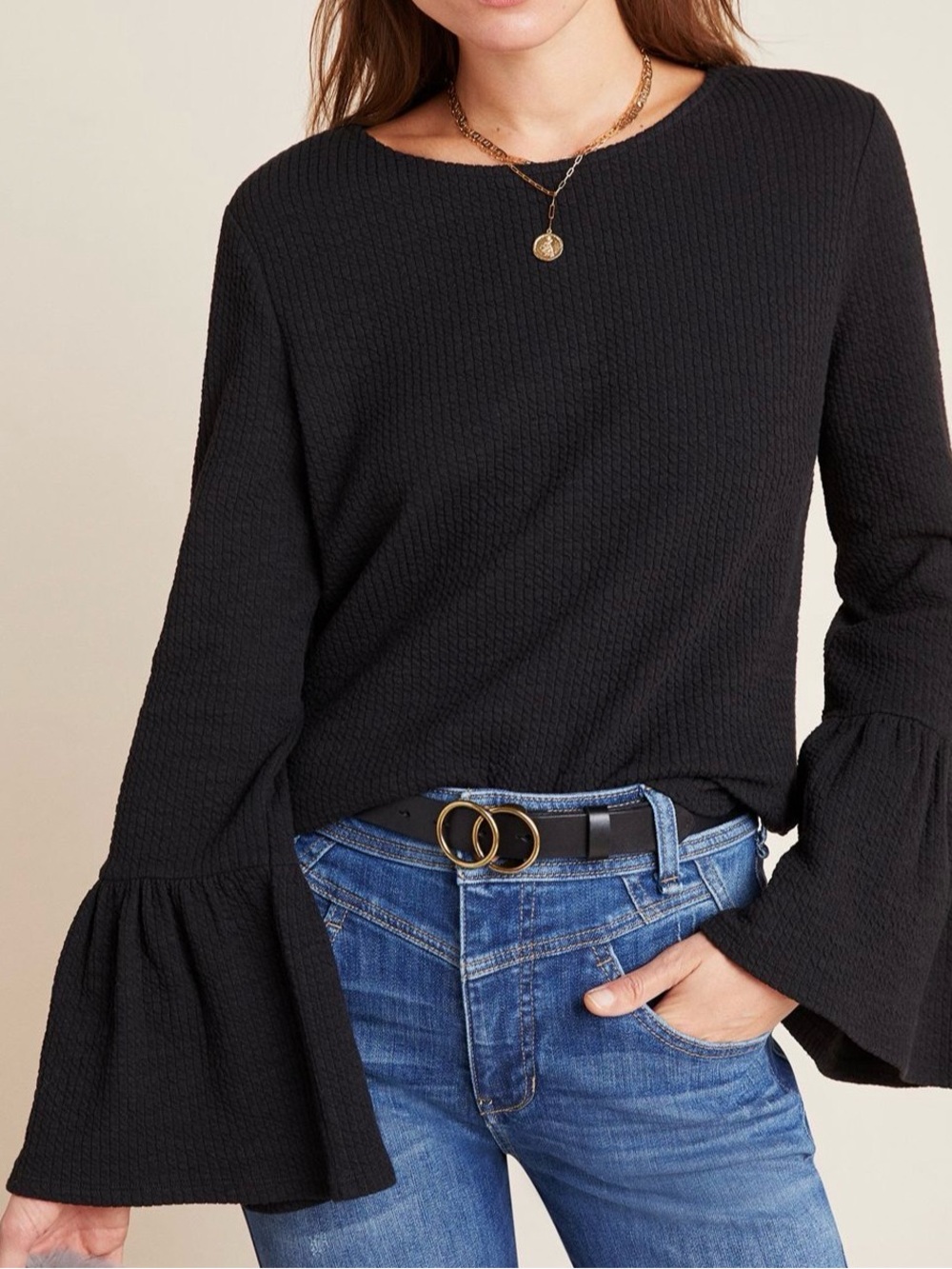 PORRIDGE JOAN BELL SLEEVE TOP BLACK RIBBED LONG BELL SLEEVE SHIRT WOMENS SZ SMAL